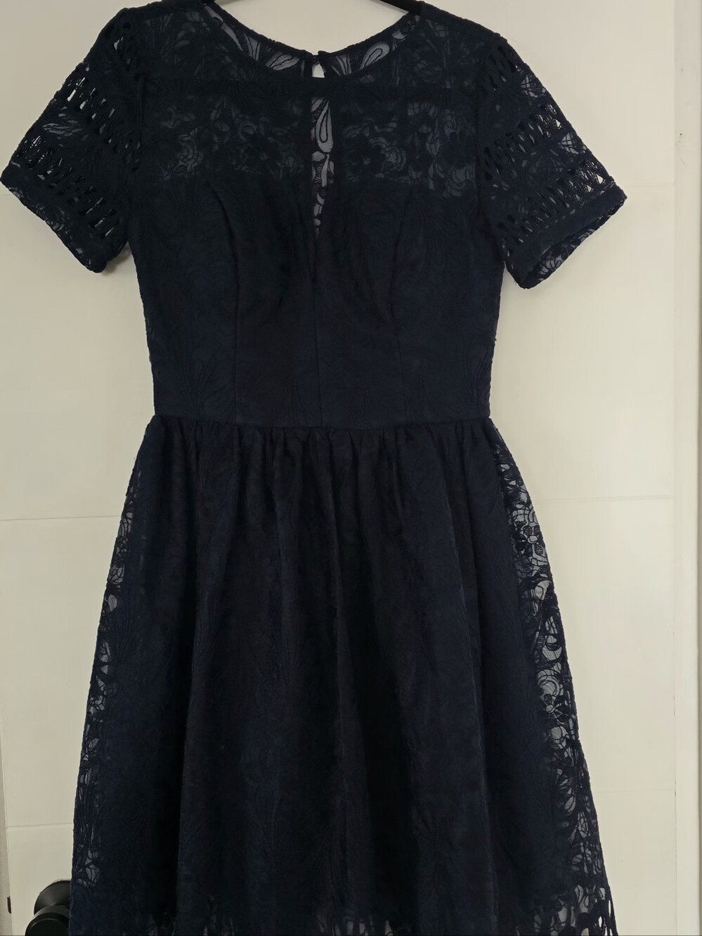 Chi Chi London Navy Blue Lace Dress Women's UK 14 US 10 Short Sleeve Flare Midi